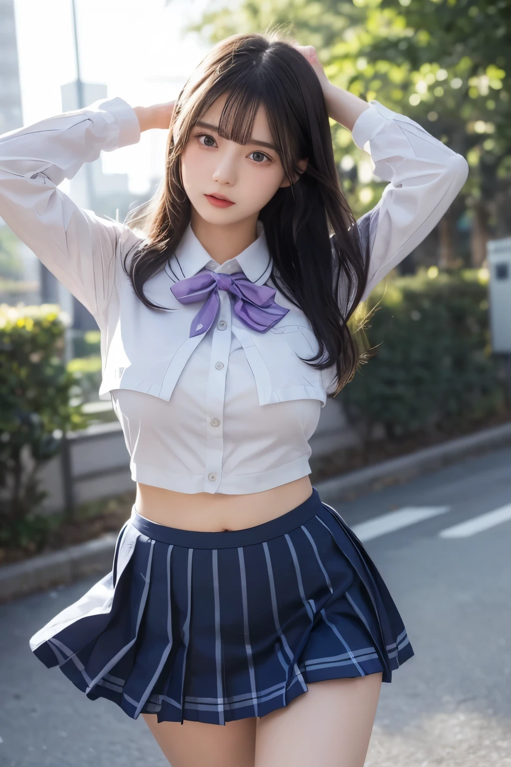 Masterpiece, 8k, Wallpaper, top-quality, High school girl, Photorealistic, (Plump breast:1.3),
This illustration depicts a tense scene of a girl in uniform exerting overwhelming power. Her twin-tailed hair flutters in the wind, and her strong-willed purple eyes look sharply ahead. The school uniform is styled with a checkered skirt and a beige sweater, expressing a modern student look. The blue electric energy emitted from between the girl's hands engulfs the surroundings, shattering the ground and sending debris flying through the air. The background creates a hazy, desolate atmosphere, accentuating the overwhelming presence of her power. This whirlwind of blitz seems to visually express her inner feelings and resolve.