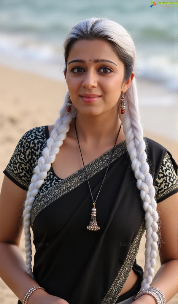 A woman with long braided white hair in a ponytail, wearing black saree and necklace, on a beach, detailed portrait, photorealistic, 8k, highly detailed, dramatic lighting, cinematic, vibrant colors, warm tones, sand, waves, ocean in background, beautiful detailed eyes, beautiful detailed lips, extremely detailed face and eyes, long eyelashes, graceful pose, cinematic angle full body view legs and thigh cleavage, large breasts, navel