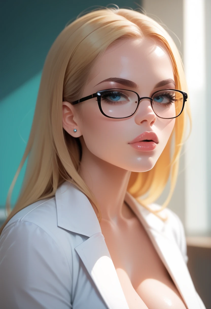 Silvia Saint huge breasts blonde hair attractive face thick lips thick lips wearing lab coat and shirt and glasses in lab