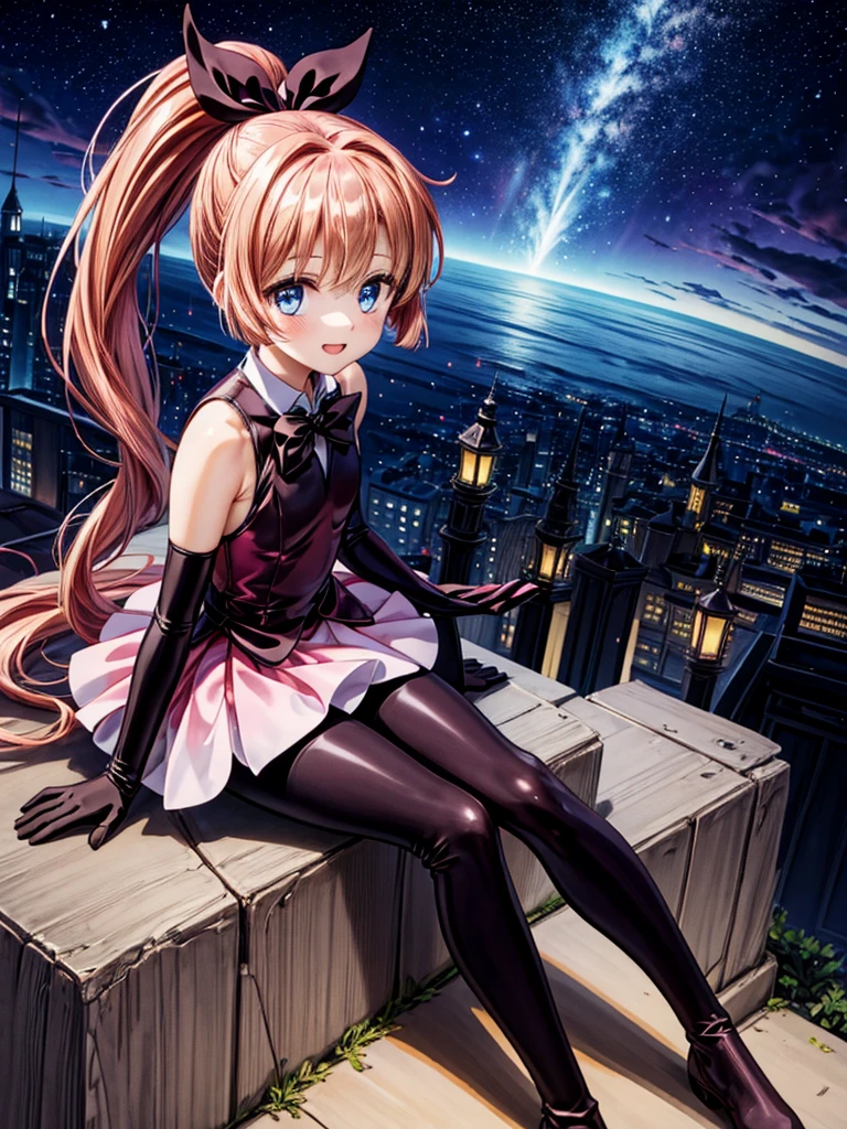 one girl, Meimi Haneoka, Saint tail, cute face, thin and tall, smile, blue eyes, brown long hair, ponytail with ribbon, magical girl, black and pink sleeveless dress, black elbow gloves, black gloves, black pantyhose, black thigh boots, magical stick, full body shot, sitting, rooftop scenery, night view