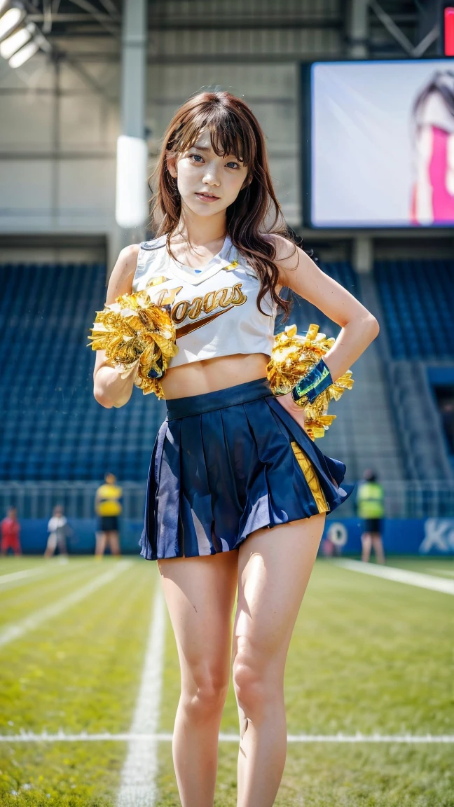 very cute and beautiful cheerleader girl,(Highly detailed beautiful face and eyes:1.2),(holding a pom pom:1.2),(smile),
(Stadium Stand),cowboy shot,dynamic pose,zettai ryouiki,No sleeve,beautiful feet,dynamic angle,black hair,
(highest quality,masterpiece:1.2),intricate details,High resolution,1 girl,looking at the viewer,
Natural light,hair blowing in the wind,beautiful and detailed sky,
