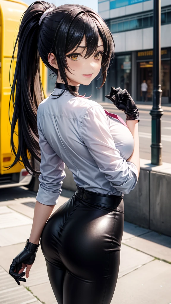 (Yaedef :1.4), 8K, highres,  ultra detailed , ( Masterpiece:1.4),  Best Quality , Sakuya Shirase, symmetrical body, beautiful, Alone, standing,  dynamic pose ,  seen from behind , culo perfecto,  looking at the spectator, Tender smile, long ponytail black hair,  detailed face ,  looking at the spectator,,  beautiful eyes, amber yellow eyes,  choker :1.6, ( white collar shirt :1.4),  long black gloves , ( shiny black leggings),  black leather boots , Park, angled view,  perfect breasts ,  badass anime girl , bright clothes