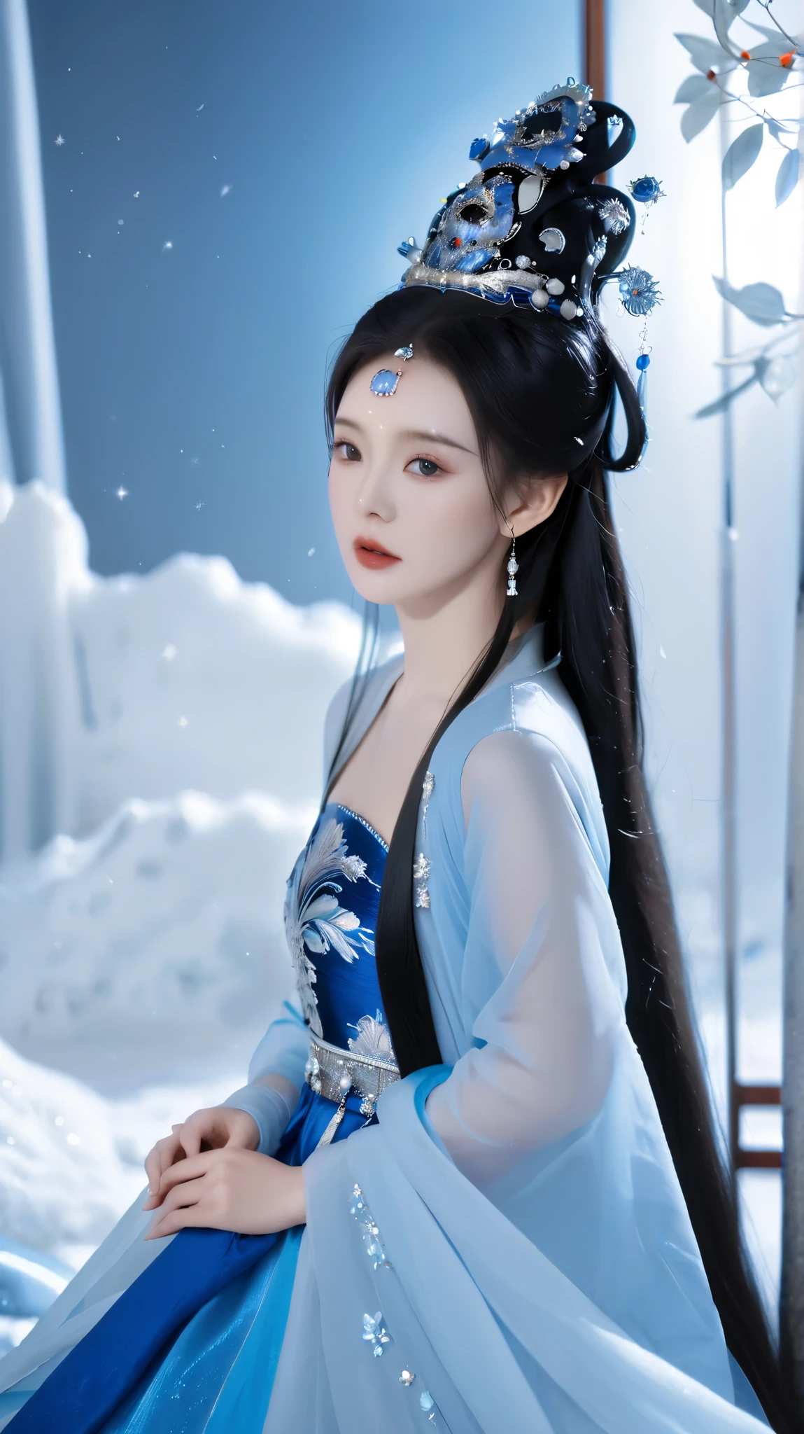 Fashion Photography, beautiful Chinese woman wearing a crown,Elegant long black hair , wearing a bright blue dress , It has an elegant silver decoration ,Turtleneck,Wearing a crown,gaze,myth,Hyper-Reality,细节, Best Quality 8k HD .snow