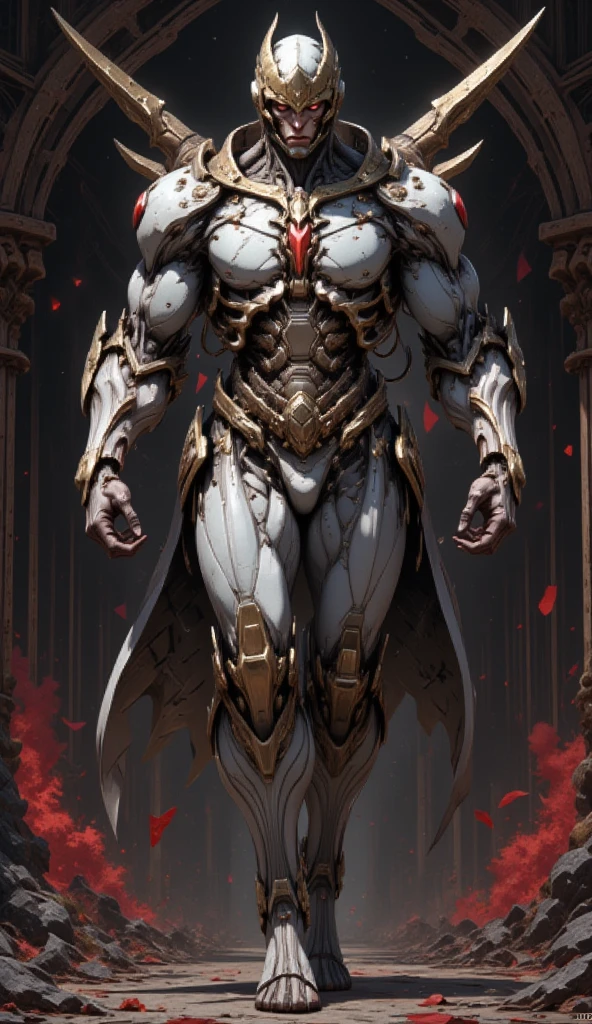  is possessed by a demon, a holy knight commander.A full-body image of an adult male . muscular body .Wear white gold holy knight armor. Eyes Deep Red . standing inside a mysterious black and red church.Bold composition 