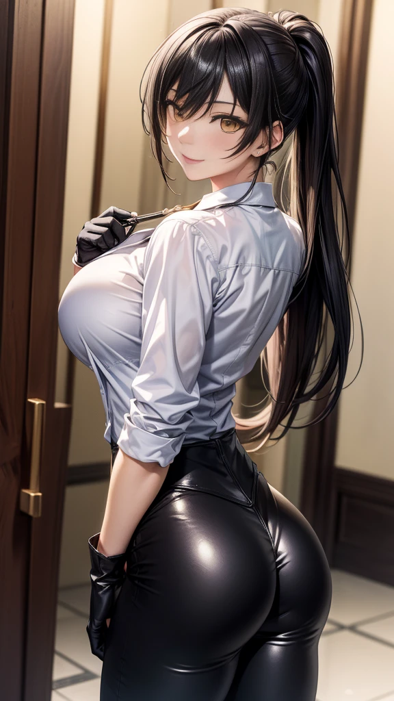 (Yaedef :1.4), 8K, highres,  ultra detailed , ( Masterpiece:1.4),  Best Quality , Sakuya Shirase, symmetrical body, beautiful, Alone, standing,  dynamic pose ,  seen from behind , culo perfecto,  looking at the spectator, Tender smile, long ponytail black hair,  detailed face ,  looking at the spectator,,  beautiful eyes, amber yellow eyes, ( white collar shirt :1.4),  long black gloves , ( shiny black leggings),  black leather boots , Park, angled view,  perfect breasts ,  badass anime girl , bright clothes