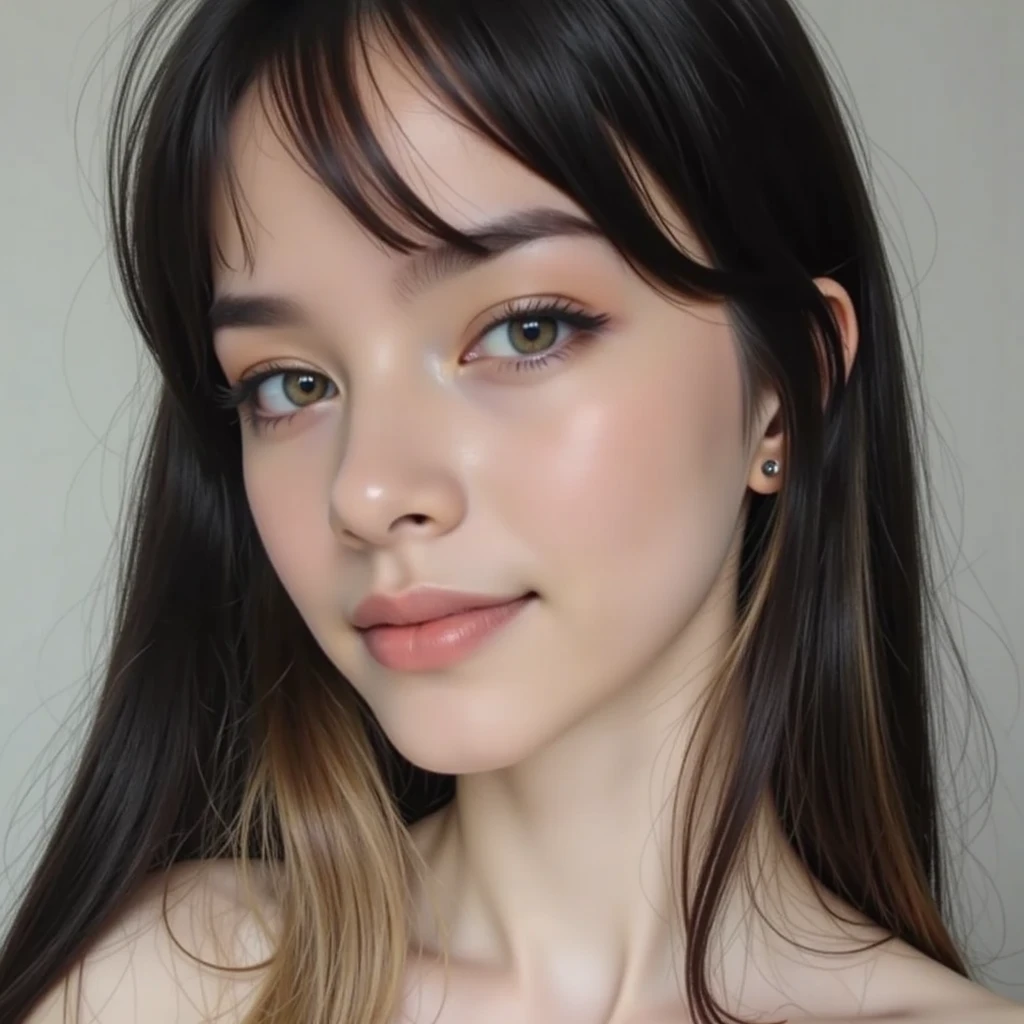 a close-up of a woman with long hair and a white shirt, an image inspired by Ksenia Milicevic , Reddit, realism, wide head, soft flawless and pale skin , retrato sophie mudd,  Head Profile Picture , Soft and pale natural skin , 8k soft portrait photo, black hair and big eyes,  full-face close-up portrait , Pale Shiny Skin