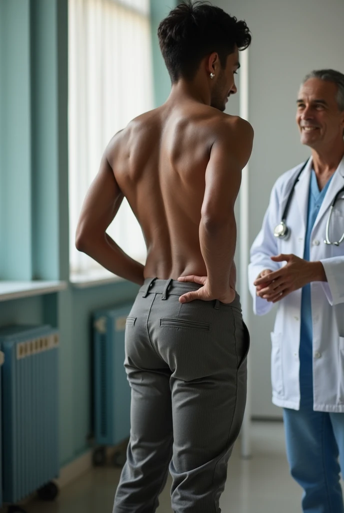 Strong, bearded mixed-race man in white underwear,  pulling down his underwear in front of a doctor.