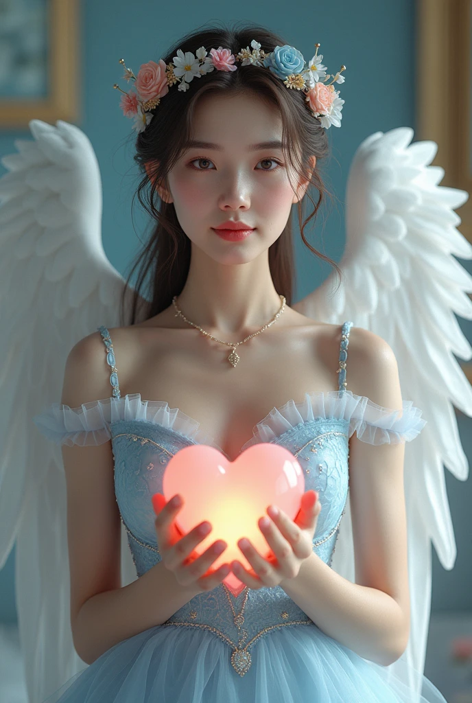 A heavenly creature, an angel with feathers as white as pristine snow, stands in a moment of quiet despair. Her eyes are filled with crimson tears, a deep scarlet that contrasts sharply with her pale complexion and radiant attire. The red tears fall from her eyes, cascading down her cheeks like a blight upon her otherwise celestial appearance, symbolising her anguish and sorrow. The wings unfold from her back with a near otherworldly grace, underlining her divine origin. The setting is nondescript, all focus drawn to this heart-wrenching display of emotion.