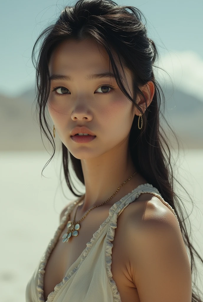 NSFW, naked pussy, closde up,“(Best Quality,4k,High resolution,masterpiece:1.2),ultra detailed,(realist,photorealist,photo-realist:1.37),Portraits,desert, rifle, detailed skin texture, tattoos, dramatic lighting, vibrant colors, arena dunes, intense look, long loose hair, aged wooden stock, intricate engravings, bullet shell, strong facial features, PENETRATING EYES, desert sunset, Rugged terrain, smoke trails,  hard shadows, dust particles, intricate jewelry, tribal patterns