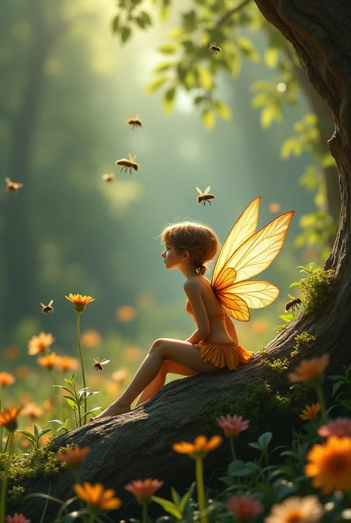 A very beautiful little fairy, sitting on a tree trunk, looking at the ...