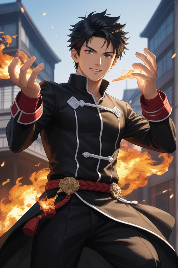 score_9, man, 24 years old, short black hair, Fire manipulation, black clothes, Taichi Yoshimura