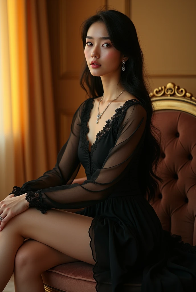Une belle jeune fille d’un 1metre65 cheuveux très long et onduler de couleur noir sur un lit dans une chambre décoration classe et féminine habiller d’une robe ample de couleur noir pied pédicure et main manicure blanc