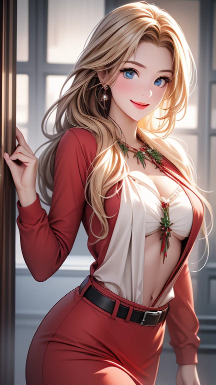  Christmas winter scenery    ，  christmas illustration，masterpiece、   high definition   ， top quality， 8ｋ，  RAW photo ，Hyper HD，  super detailed，Highly realistic and detailed face，  cute face,   beautiful face，   beautiful womanの一人  、２9 years old、   sexy Santa Claus costume， DANCING ON ICE    ， blonde alone   、  blue eyes、  happy face 、 smile、((    cowboy shot  ))、((    beautiful woman))， professional photography ，