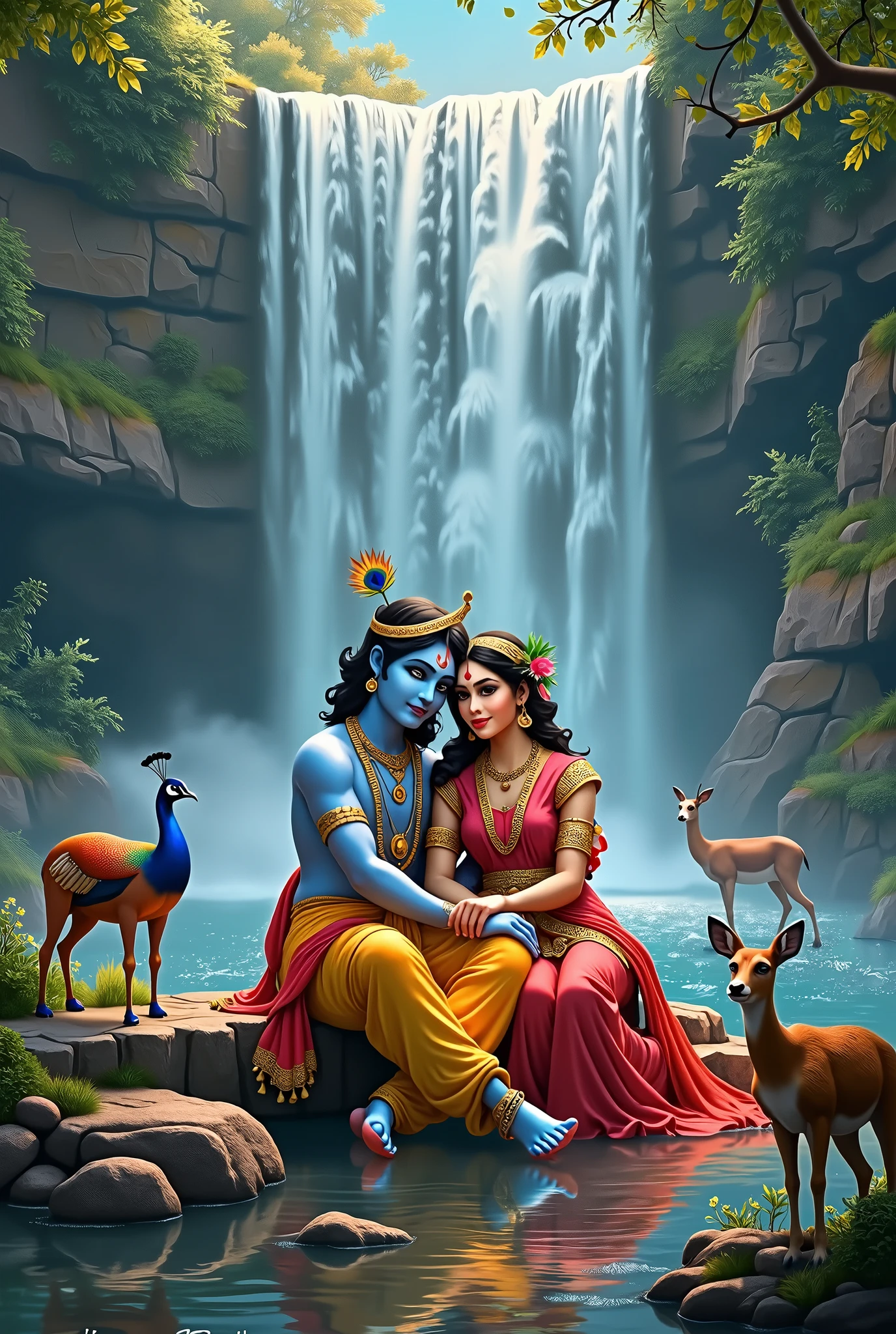 A vibrant anime-inspired scene featuring Krishna and Radha in a lush, enchanted forest with glowing bioluminescent plants and cascading waterfalls in the background. Krishna, with radiant blue skin, sits serenely on a moss-covered rock, playing his iconic flute, wearing a traditional deep teal dhoti paired with a flowing gold sash and adorned with peacock feathers in his crown. His expression is calm yet joyful, radiating divine serenity. Radha, with glowing golden-white skin and braided hair adorned with fresh flowers, dances gracefully nearby, her face lit with playful laughter. She wears an elegant forest-green lehenga with intricate golden embroidery, blending with the mystical surroundings. Fireflies and floating orbs of light add a magical touch, while the reflection of the moon glimmers in a serene forest pool. The entire scene evokes a feeling of ethereal romance and divine connection.