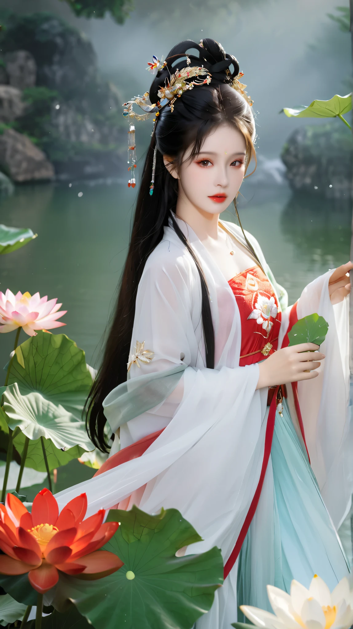 (((masterpiece,  are of the best quality,  super high resolution,  CG Uniform 8K Wallpaper,  are of the best quality at best,  super detailed,  Ultra HD))),  1 girl,  long black hair, Game Fairy, lotus lotus leaf decoration , Red Army , Hanfu, , Flowing gauze, Jewel-like, (( Colorful )),  Pretty Face ,  Beautiful Eyes , Beautiful hairstyle ,  Exquisite Outfits, Structurally sound