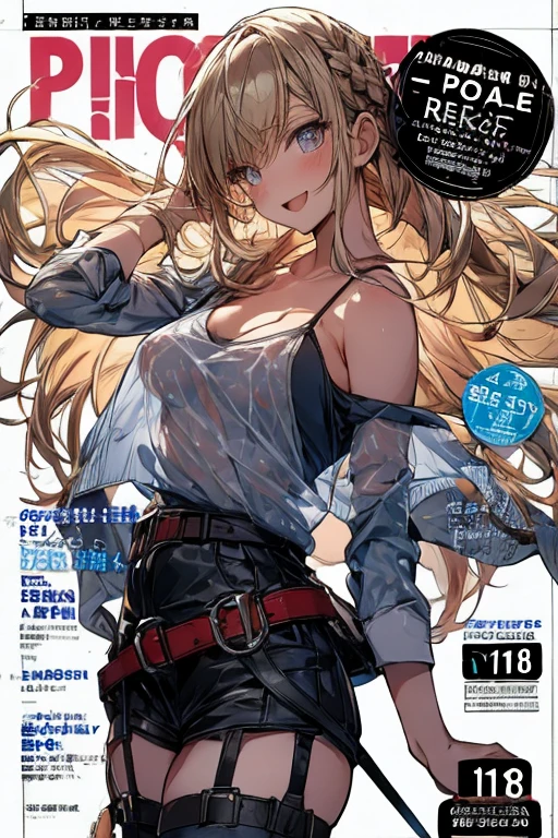 (small breasts:1.2), (perky chest:1.2), (pointed chest:1.2), (Pudding cake magazine cover:1.3),(from above:1.0),(shoot from the side:1.1),masterpiece, 1girl, Amazing Cleavage:1.1, thin waist, optimum,tmasterpiece,hight resolution,best qualtiy,hyper HD,super detailing,awardwinning,a 18yo cute girl,(The upper part of the body),??????? correct,Beautiful Black miniskirt,garters,Gaze,Small face,bangss,holster,Beautuful Women,hands up,leg holster,Gaze,black boots,Cowboy Shot,cute face,a blond,Longhaire,Twin-tailed,Braids, Hairline,（scarlet eyes）,long eyelasher,Hanging eye corners,White skin of the, ((see through camisole:1.1)), ((Sheer nipples:1.0)),Rocket Tits,(Slim body),smile,seductive weak smiling,(with sparkling eyes and a contagious smile),little open mouth, Looking at Viewer, 