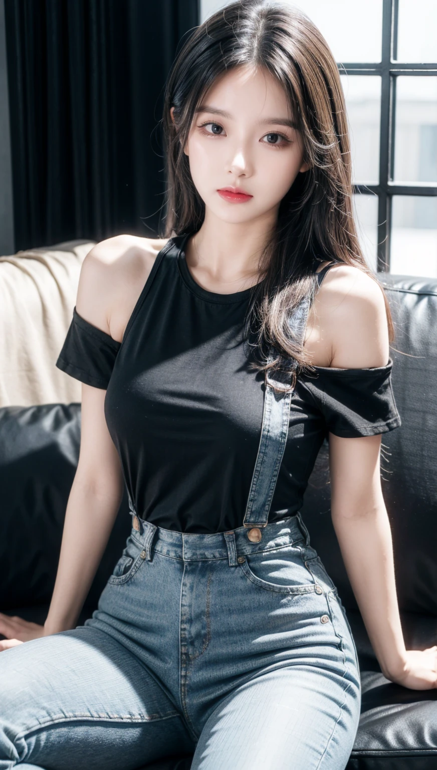 best quality, 1 Girl, dark blue hair, black eyes, Very short hair, Spiky hair, oversize t-shirt black, High waist short jeans, 171 cm, Messy hair, Hair between the eyes, Medium breasts, full, Tomboy, aldult, 20 years old, 1 Girl