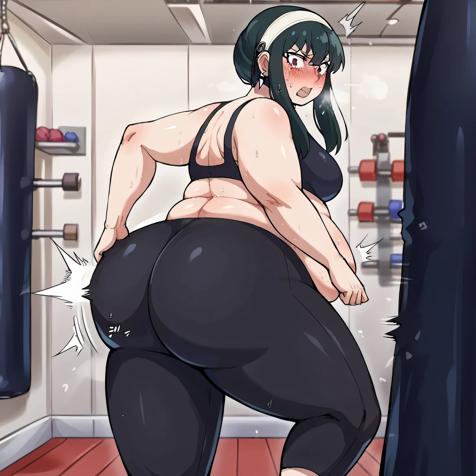 score_9, score_8_up, score_7_up, source_anime, yorbriar, yor briar, black hair, red eyes, earrings, white hairband, hairband, long hair, sidelocks, medium breasts,, kicking bag, punching bag, kicking, kickboxing, training, standing on one leg, exercising,, yoga pants, sports bra, steam, open mouth, sweat, blush, gym, motion, motion blur, motion lines,, solo, upper body, huge ass, fat, chubby, obese, open mouth, out of breath, absurdres, highres icon, rating:General, confused, blush,, {flustered}, nervous sweating, portrait, pov ass, hand on another's ass, averting eyes, [looking away], straight-on, from behind, swollen face, bulging belly, looking back at viewer, ass grab, masterpiece, best quality, ultra-detailed, high resolution, 8K, 