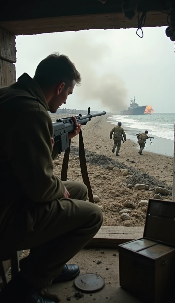 Faction soldier with weaponry and makeshift clothes resting next to a stranded ship on a deserted beach