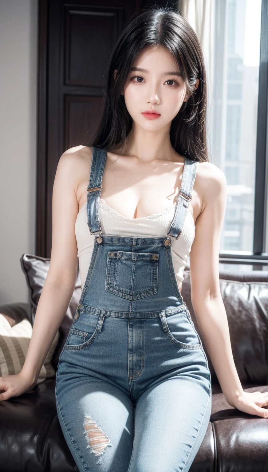 Beautiful Japanese Waifu, early 30s, grey hair, jeans apron and shorts 