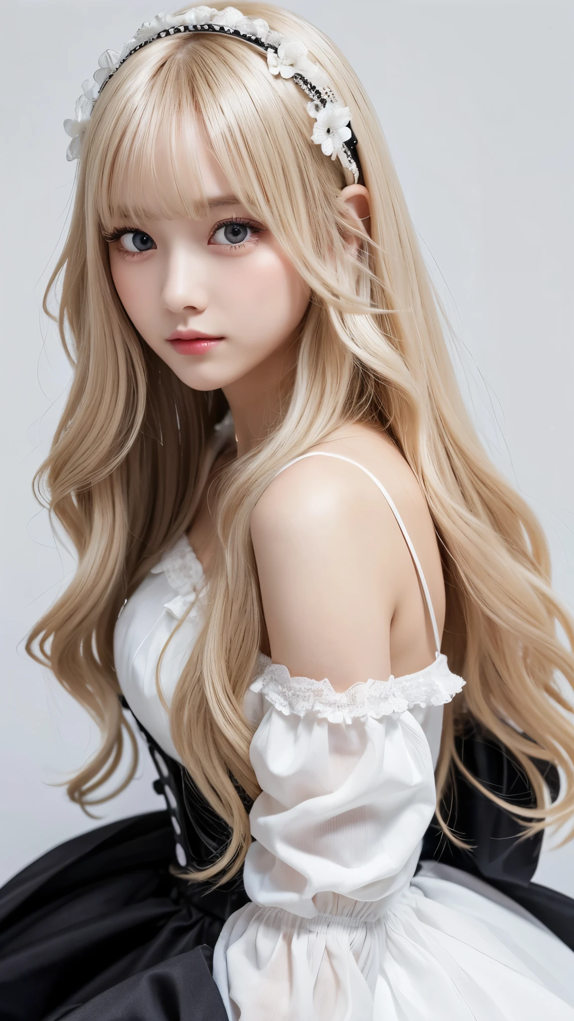 Gothic Lolita:2.0、forehead、round face:2.0、Curly Hair:2.0、Super Long Hair:2.0、cowboy shot:2.0、Extreme pose、white blonde Hair:2.0、Waist-length hair、Northern Europe:1.0、beautiful girl、White background、cute、Young、True Face、Shiny Hair、whole body、tab highest quality, figure, super detailed, finely, High resolution, 8k wallpaper, Perfect dynamic composition, detailed and beautiful eyes,blondes, Natural Color Lip,white background, random cute poses,