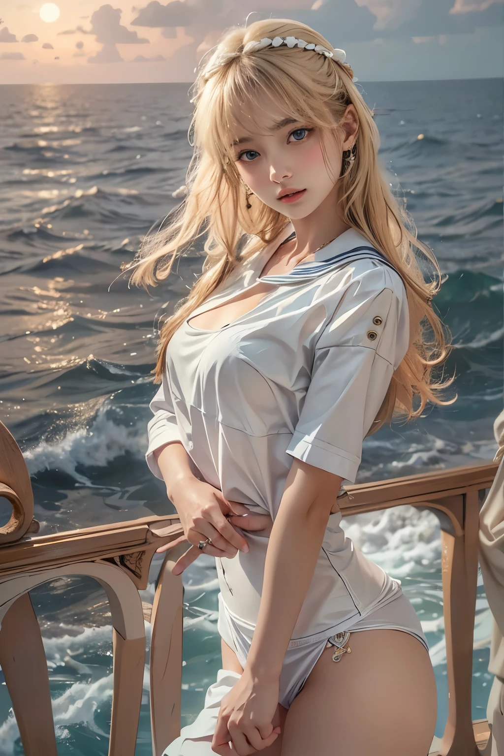 A confident blonde woman wearing a white naval officer's uniform and a matching cap. White outfit. She is leaning forward with an outstretched arm. She is leaning forward with an outstretched arm, in a ship's deck. Ocean background. Round breast. Blush, Black eyeliner