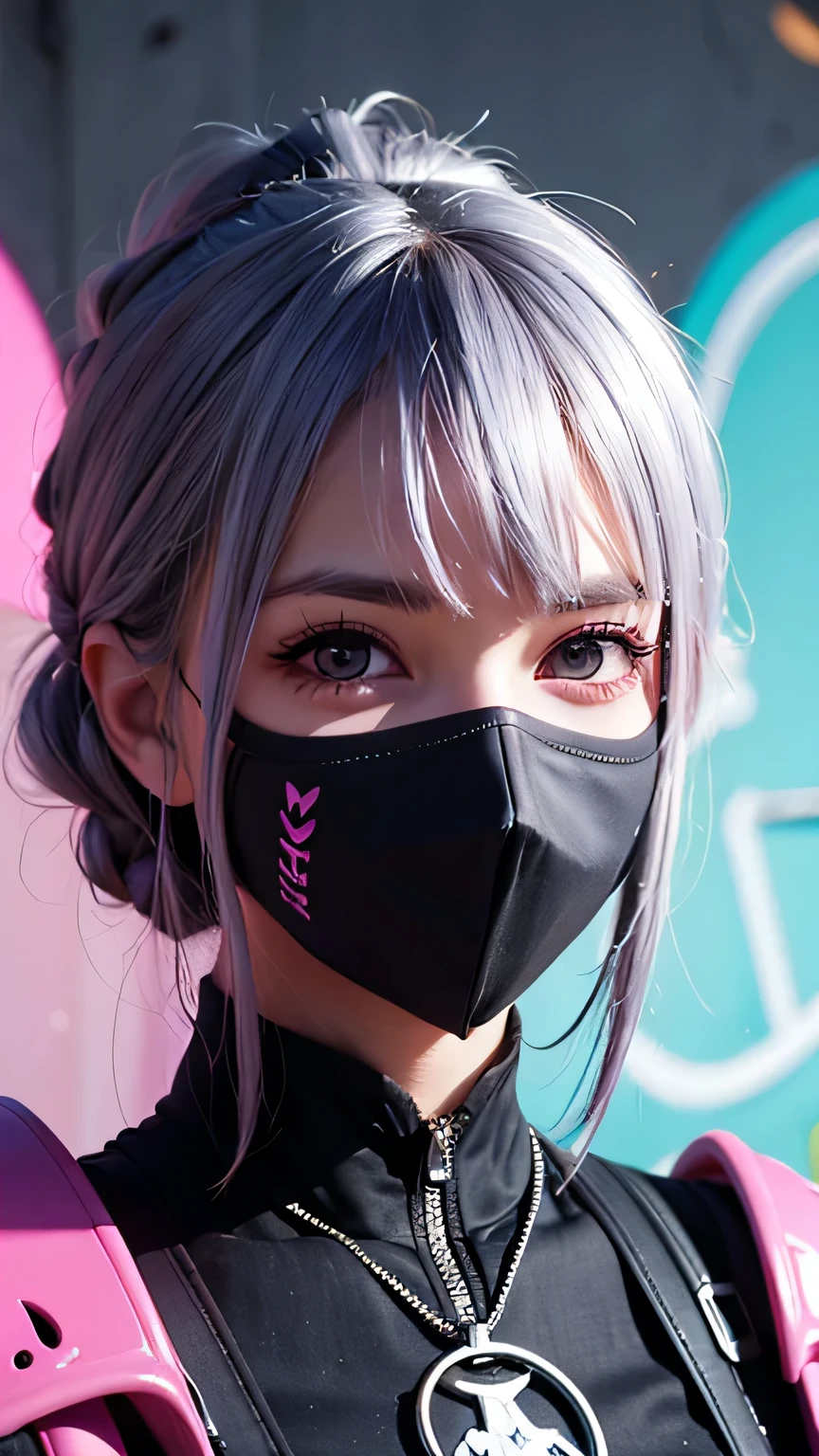   detailed background  , masterpiece, Best Quality, smile,  t I , Food,  PORTRAIT, Neon Pink, Graffiti, dark,  Knight , Bright Eyes, Purple light,Black Mask,Silver Hair