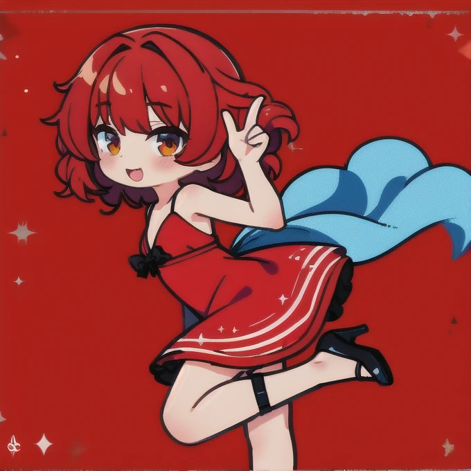  short fibers, Curly hair, Red dress, fitting dress, Short dress, High heel shoes, sexy poses, Friday Night Funkin Girl , not looking at the viewer, standing straight , Hands on the back side , 4 pose character view