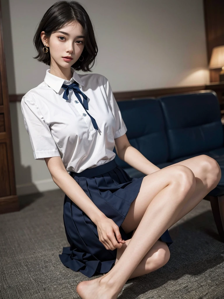 Korean school uniform, summer school uniform shirt, ribbon tie, skirt, school, school stairs, chest lifting pose, 8K RAW photo, high resolution, cool Korean at 15 years old, very big round breasts, beautiful eyes in detail, long eyelashes, beautiful double eyelids, eyeshadow, eyeliner, slit eyes, elongated eye shape, Sanpaku eyes, evil smile, beautiful thin legs, beautiful thin thighs, Random short hair, hair tied at the back of the head, earrings, light brown hair