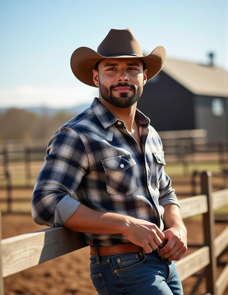 R@f43l51va this is a photograph of a man standing on a ranch leaning on a fence. he is handsome. he has a beard. he is wearing a cowboy hat. he has plaid shirt on with the sleeves rolled up. he is wearing blue jeans. he is looking at you. he has a closed mouth smile. it is a nice sunny day on the ranch. there are no clouds in the sky. there is a barn in the background. 4K photography, high quality, high resolution, clear focus, masterpiece, high definition, DSLR, RAW photo 