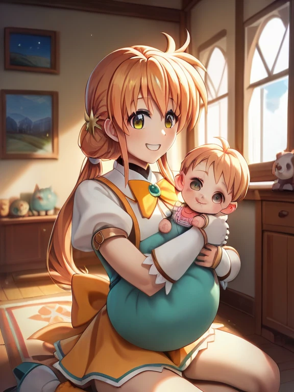 (((Takamachi Nanoha · １ girls · baby · holding a baby · smiling ·１Baby · Inside the House · Living Room · Puella Magical Girl Lyrical Nanoha)))