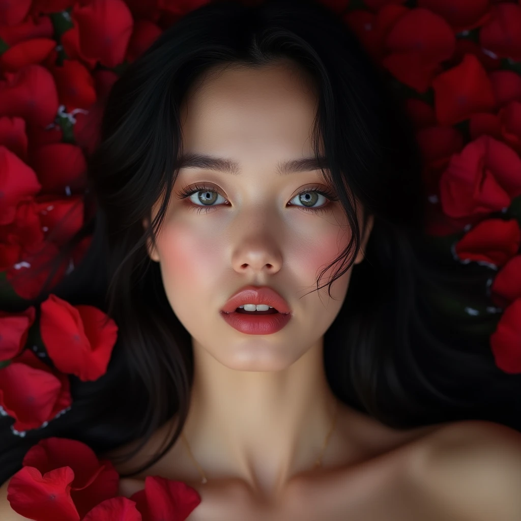 Beautiful naked asian woman lying in the bed of roses