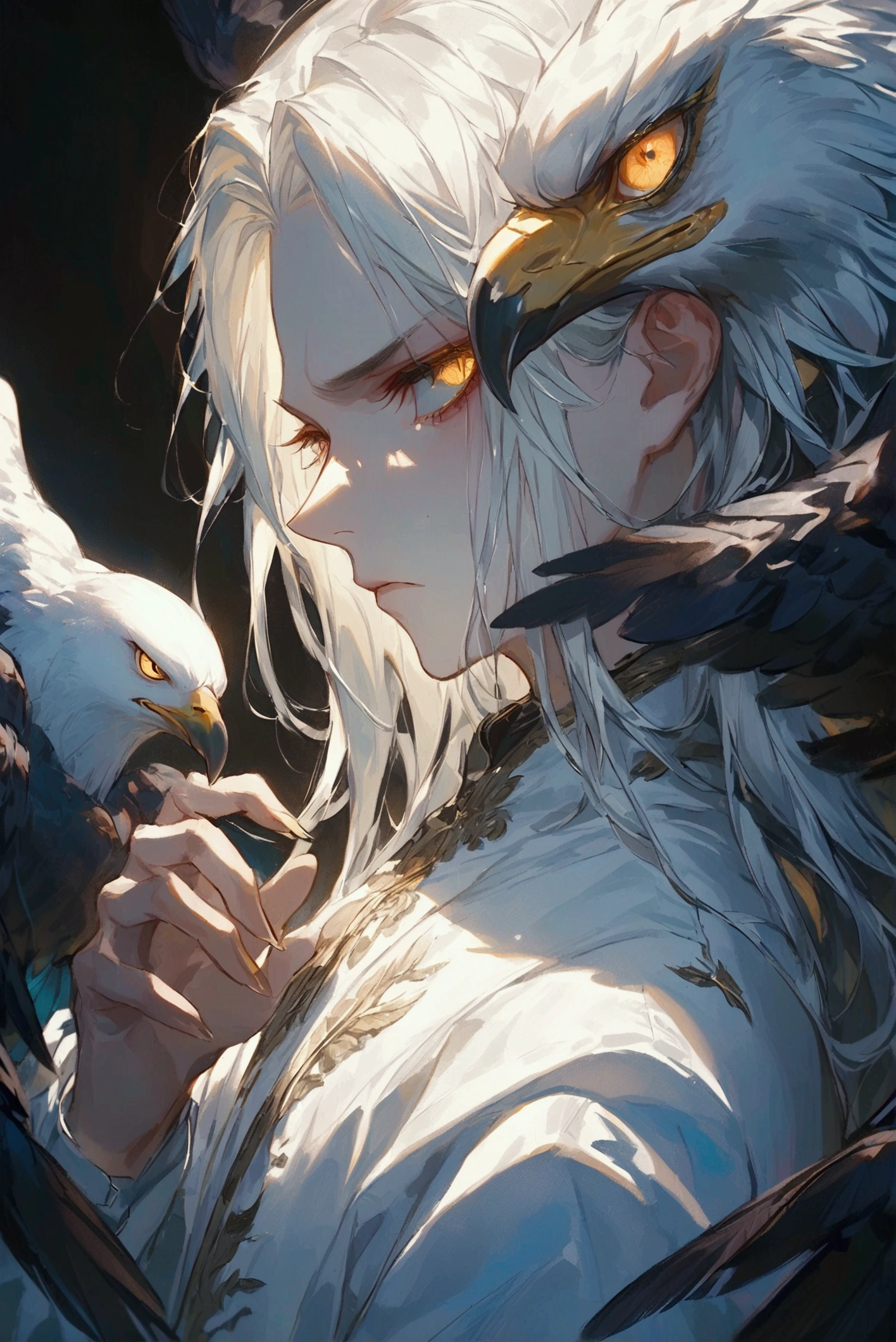 A high resolution,high detal,8K,(A boy:1.9),Handsome face,Messy silvery-white medium short hair standing on ends,A gifted spell master,Black and white spell master set,A hand with a blue flame burning,fire spell,An evil red-eyed raven lies on the boy's shoulder,The is very detailed,Ultra-high sharpness,Thick coating,
