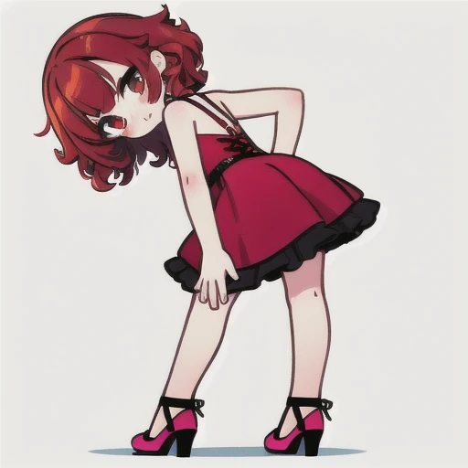  short fibers, Curly hair, Red dress, fitting dress, Short dress, High heel shoes, sexy poses, Friday Night Funkin Girl , not looking at the viewer, standing straight , Hands on the back side , 4 pose character view