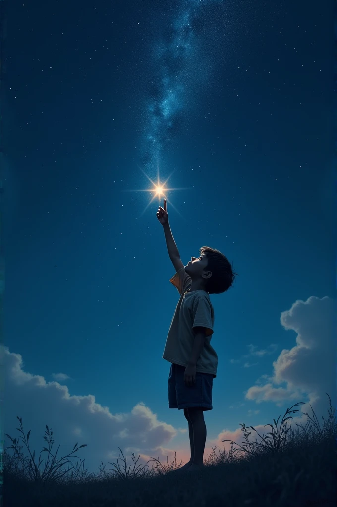 A boy looking at the starry sky, with a toy rocket in his hands.