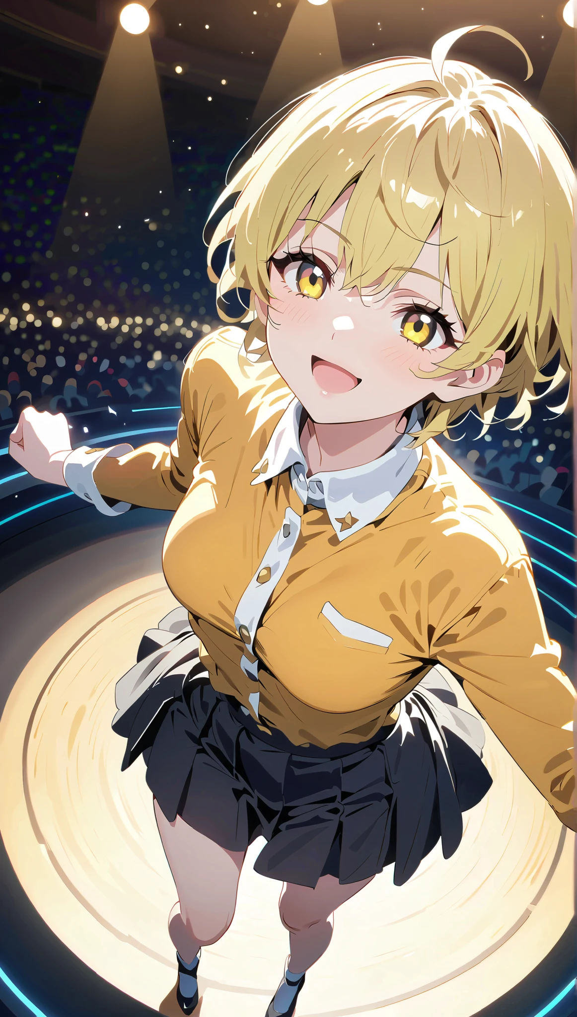 whole body、 long sleeve shirt、{{{masterpiece}}}, {{{ top quality}}}, {{ ultra detailed }}, {beautiful detailed eye}, 1 girl, Alone, (( yellow hair )),(bangs),  Outward curled hair、 small tits、 flat chested、poor bust、Idolの stage、illumination、4 girl band singing in exciting live 、 angle from above、  looks up, girl ,Midea,eye、  dynamic angle 、Alone、  short hair、Pump your fist、 stage、Blondeの short hair、 yellow shirt、Short nape、Laugh gently、 yellow long-sleeved shirt 、White collar、Yellow Eyes、 song、Idol、 ベリー short hair、  short hair 、Blonde、  stageに立ち song、ベリー short hair  、  short hairー、 長そでピンクのシャツにWhite collar、 pretty  girl、Detailed eye、 anime painting、金色のeye、  stage、  black skirt、 adult older sister、 simple background、,Alone、 1  girl、E art style  、 Light Shines In 、Beautiful Shadows、Alone、singer、
