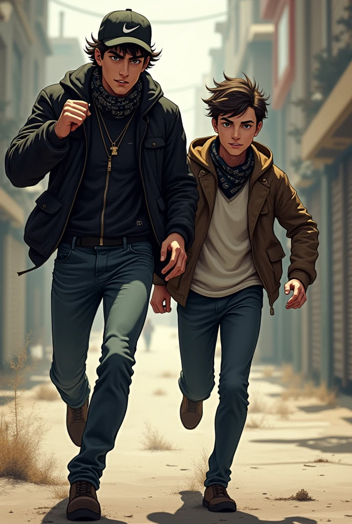 in the form of a logo brand I want an image, with a young skater being held by the shirt by a slightly older hater in an aggressive way, and the young skater looking scared and holding the skateboard in his hand, in the street full of graffiti and pixe 
