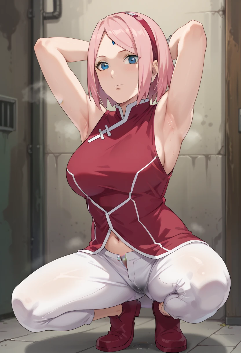 ,nsfw,haruno sakura,sakura,green eyes ,pink hair, short hair,, red sleeveless dress, navel, large breasts, white pants,In a dimly lit alley ,Armpit,Armpit wrinkles,Armpit smell,Armpit juice,Arms up,Stretch,pubic hair,under hair,squat down, 