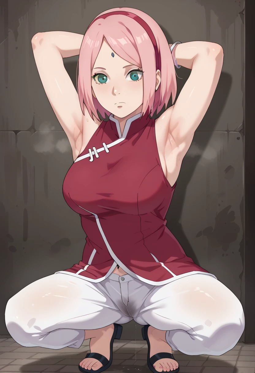 ,nsfw,haruno sakura,sakura,green eyes ,pink hair, short hair,, red sleeveless dress, navel, large breasts, white pants,In a dimly lit alley ,Armpit,Armpit wrinkles,Armpit smell,Armpit juice,Arms up,Stretch,pubic hair,under hair,squat down, 