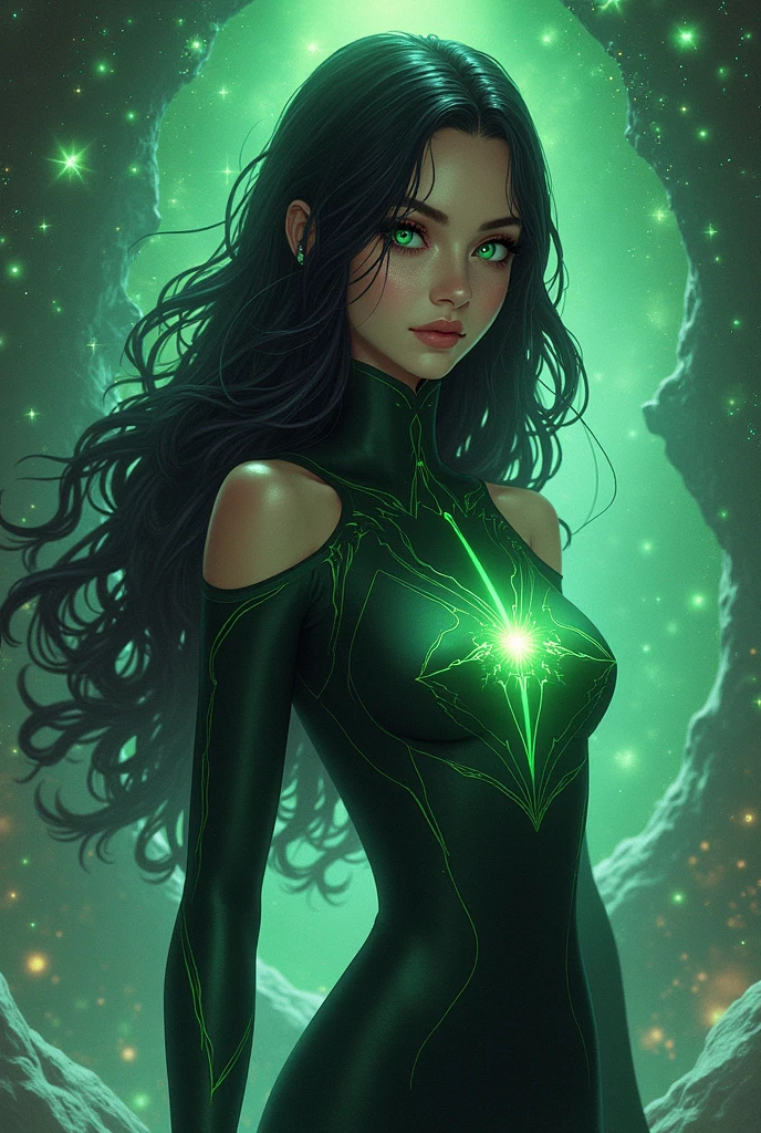 (shegolady:1.2), (shego:1), (woman:1), ((green eyes)), (black and green suit:1), (body suit:1.2), (sharp facial features:1.5), (thin eyebrows), (fair complexion), (white skin:0.7), (black hair:1.0), long side parted hair, (green smoke from hands), (black lipstick), cartoony facial features, large round eyes, bangs hair, (realistic:1.2),  (masterpiece:1.2), (full-body-shot:1),(Cowboy-shot:1.2), light particles, dark lair background, neon lighting, dark romantic lighting, (highly detailed:1.2),(detailed face:1.2), (gradients), colorful, detailed eyes, (one person), (detailed landscape:1.2), (natural lighting:1.2),(detailed background),detailed landscape, (dynamic pose:1.2), wide shot, solo, <lora:sxz-shego:0.8> <lora:add_detail:0.3> <lora:hipoly3DModelLora_v10:0.05>  <lora:RSERomantic_RSESofiko_RSEEmma-v1:0.1>