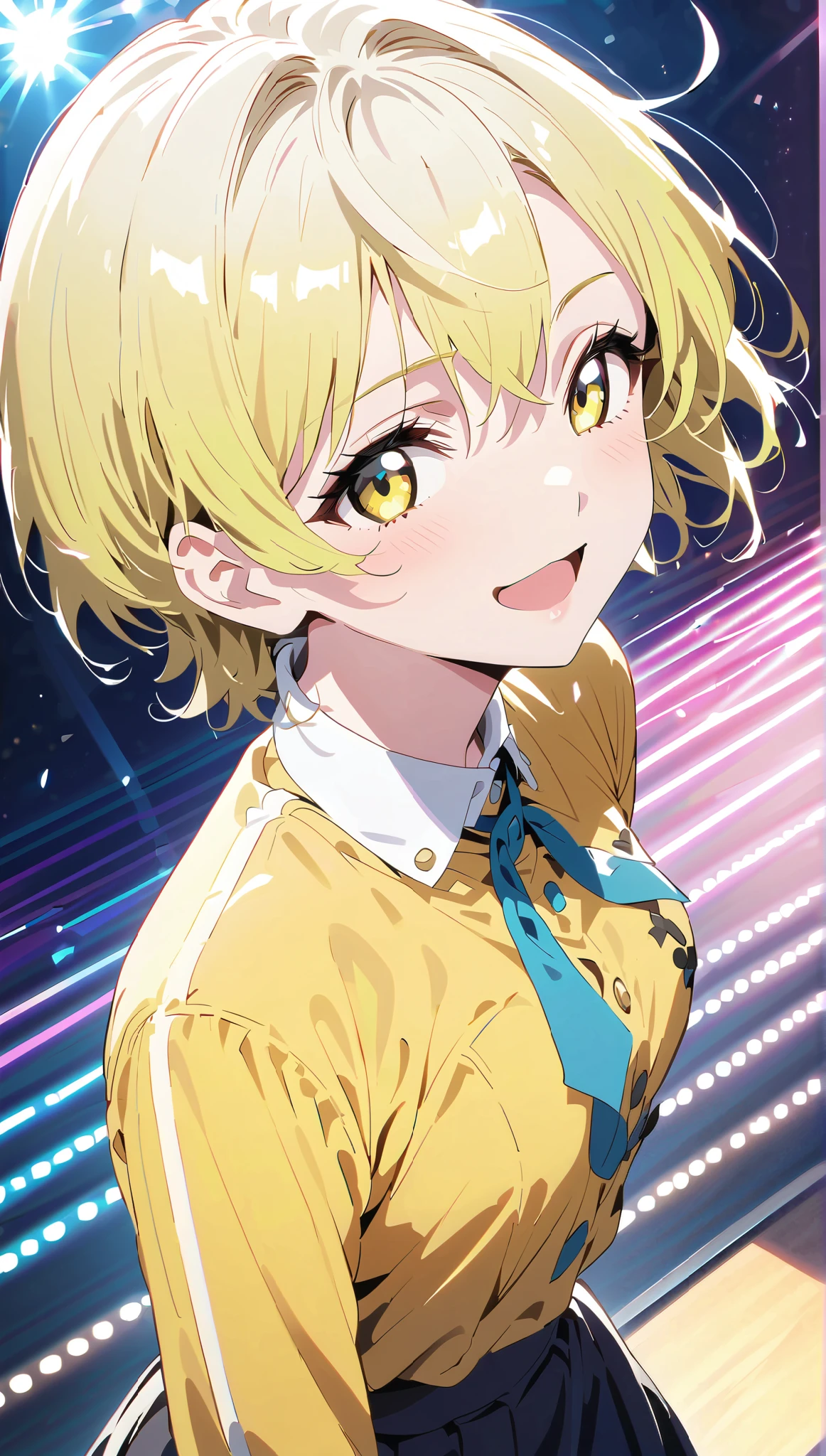 whole body、 long sleeve shirt、{{{masterpiece}}}, {{{ top quality}}}, {{ ultra detailed }}, {beautiful detailed eye}, 1 girl, Alone, (( yellow hair )),(bangs),  Outward curled hair、 small tits、 flat chested、poor bust、Idolの stage、illumination、4 girl band singing in exciting live 、 angle from above、  looks up, girl ,Midea,eye、  dynamic angle 、Alone、  short hair、Pump your fist、 stage、Blondeの short hair、 yellow shirt、Short nape、Laugh gently、 yellow long-sleeved shirt 、White collar、Yellow Eyes、 song、Idol、 ベリー short hair、  short hair 、Blonde、  stageに立ち song、ベリー short hair  、  short hairー、 長そでピンクのシャツにWhite collar、 pretty  girl、Detailed eye、 anime painting、金色のeye、  stage、  black skirt、 adult older sister、 simple background、,Alone、 1  girl、E art style  、 Light Shines In 、Beautiful Shadows、Alone、singer、
