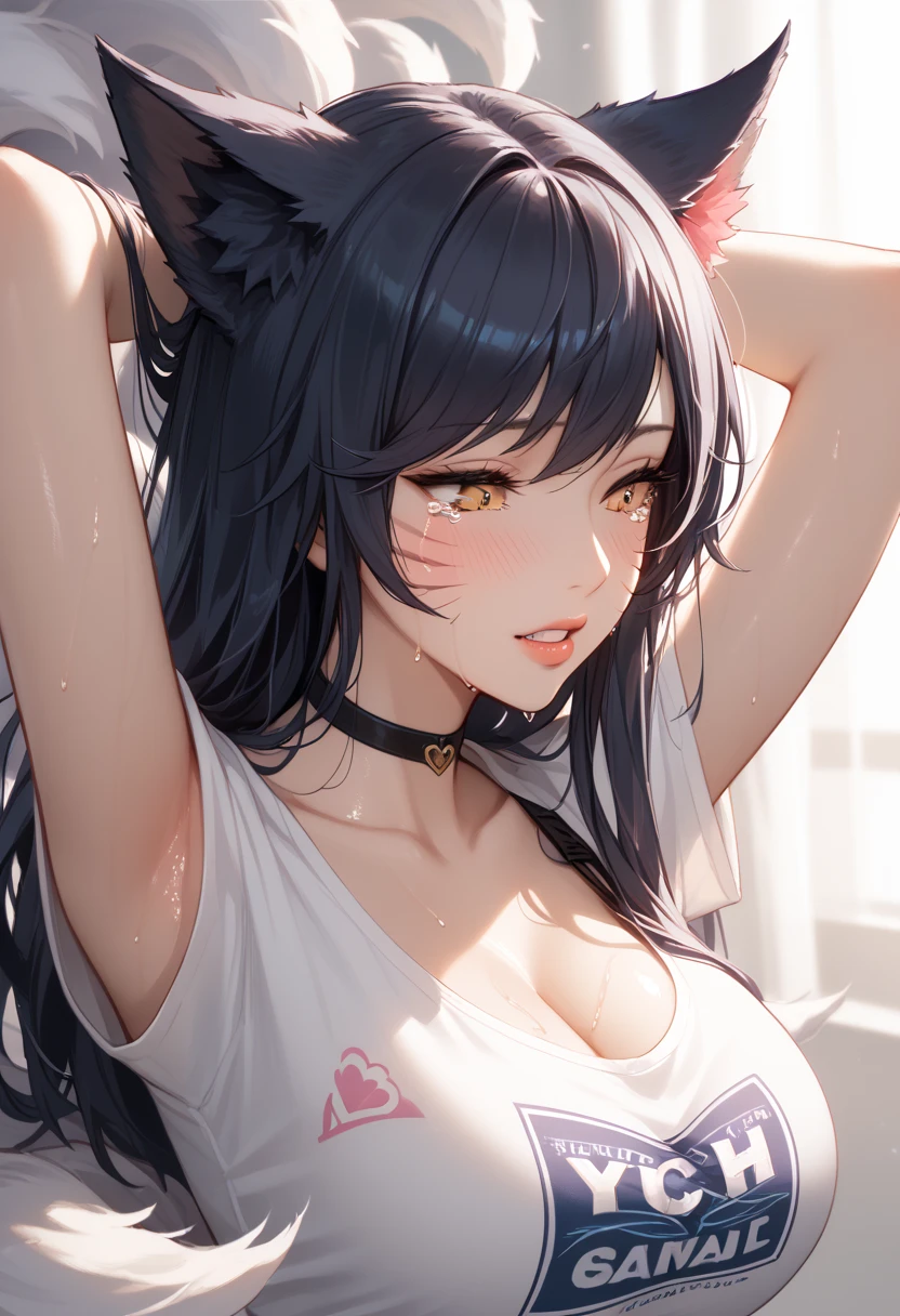 Look at your armpitsせ，blush，Look at your armpits， no background ， is transparent，T-Shirts，Bra，Staring at Peni，Close your eyes, NSFW Highest quality! Ultra high definition! Natural lighting. A beautiful woman. Ahri,1girl. Portrait. Bra. Choker. Collarbone. Shaking head from side to side. Big breasts. Tears in eyes. Looking down. Focus on faces. Fuller lips. Orgasm facial expression: 1.8. Sweat is glistening all over my body. She opens her mouth wide and screams. Bares her teeth: 1.4.