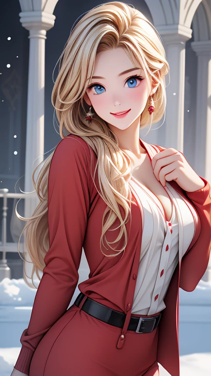  Christmas winter scenery    ，  christmas illustration，masterpiece、   high definition   ， top quality， 8ｋ，  RAW photo ，Hyper HD，  super detailed，Highly realistic and detailed face，  完璧で beautiful face 、 cute face,   beautiful face，   beautiful womanの一人  、２9 years old、   sexy Santa Claus costume， DANCING ON ICE    ， blonde alone   、  blue eyes、  happy face 、 smile、((    cowboy shot  ))、((    beautiful woman))， professional photography ，