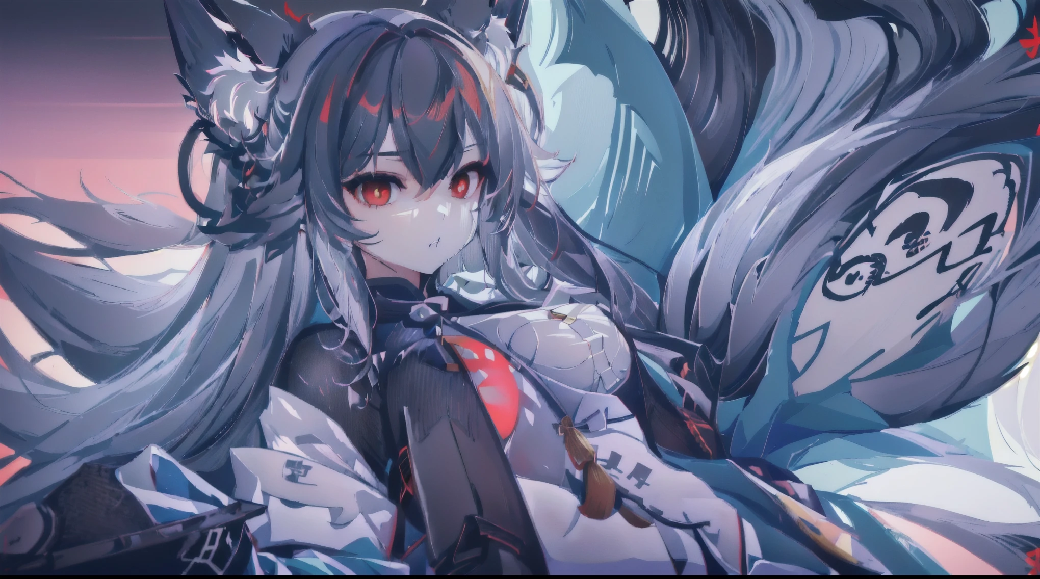 Anime girl with long gray hair and red eyes lying in bed, White fox, Onmyoji detailed art, Onmyoji,  sexy anime girl with speech bubble , Onmyoji portrait,  trending at cgstation , by Shimo,  Arknights, ArtStation、 trending on pixiv , Badass Anime 8k, The fox and the bush, narrow