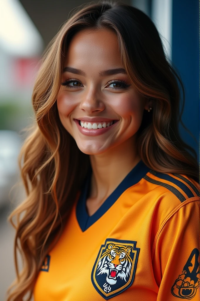 Generate a high-quality, realistic image of a couple's face, smiling at a football stadium celebration in street clothes. The image must be detailed, with neutral lighting, a generic background, with a smiling facial expression, so that it can be easily adjusted and improved in Photoshop. Also, include natural imperfections on the faces (like pimples, freckles, blemishes), nothing exaggerated so I can edit these details in photoshop. These images will be used for editing in a portfolio, so it is important that they are well defined and have high resolution. HD, 300pix/in