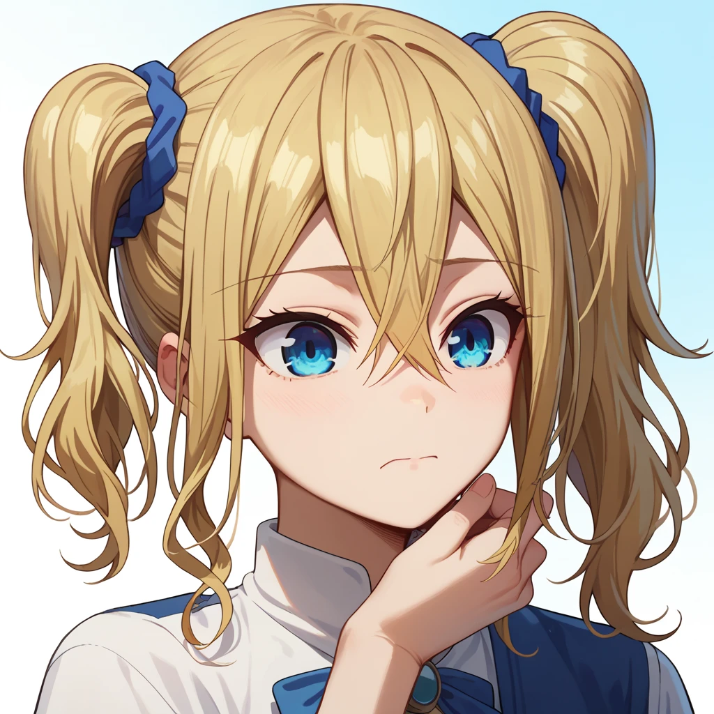 aihayasaka, ai hayasaka, bangs,  blue eyes, Blonde,   hair ornament  ,  hair between eyes, side lock,  side ponytail, scrunchie, Hair Scratchy,  blue scrunchy ,
