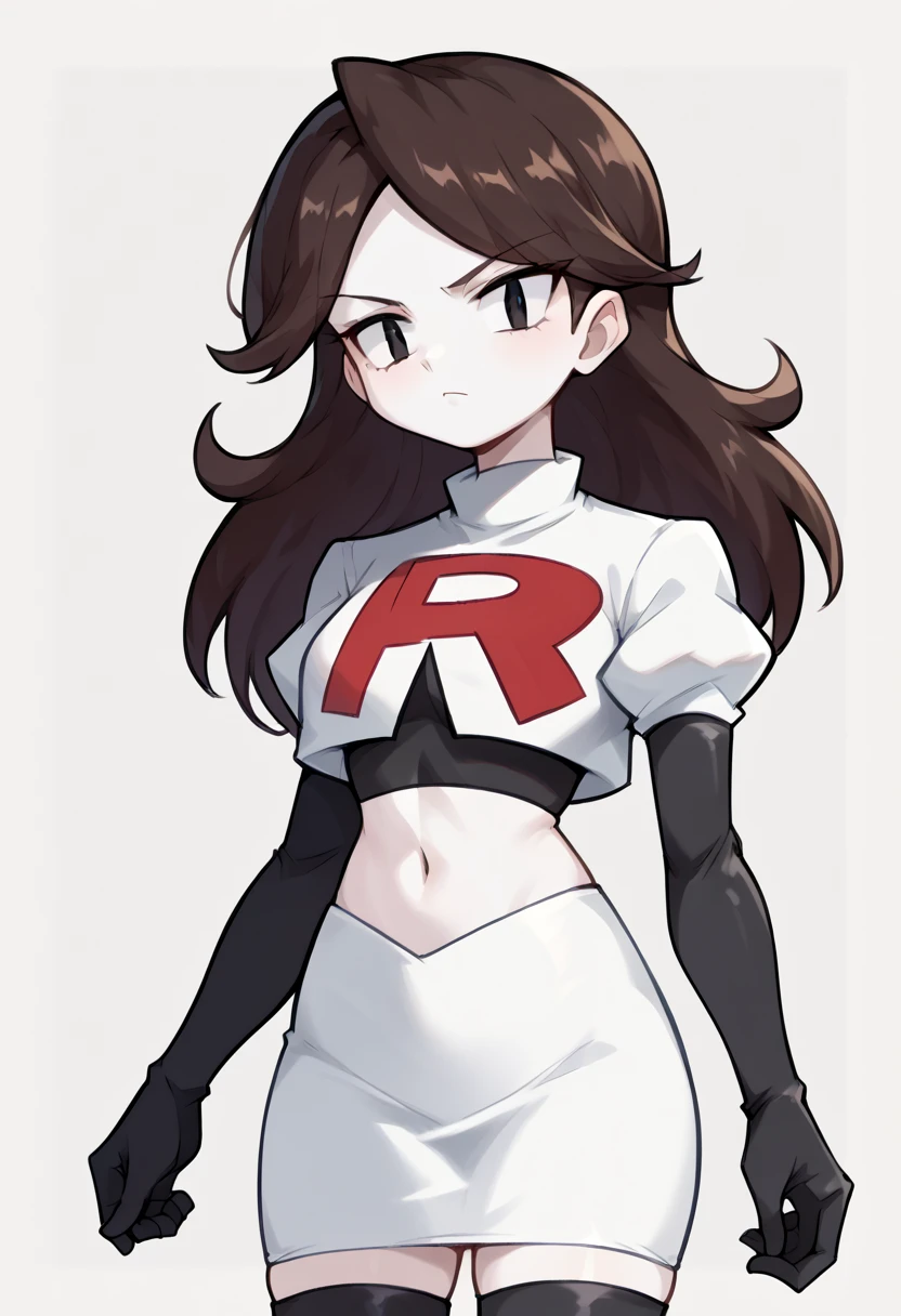 score_9,score_8_up,score_7_up BREAK jaidenSDXL,1girl,long hair,brown hair,black eyes,white skin,team rocket,team rocket uniform,white skirt,red letter R,crop top,black thigh-highs,black elbow gloves,cowboy shot,