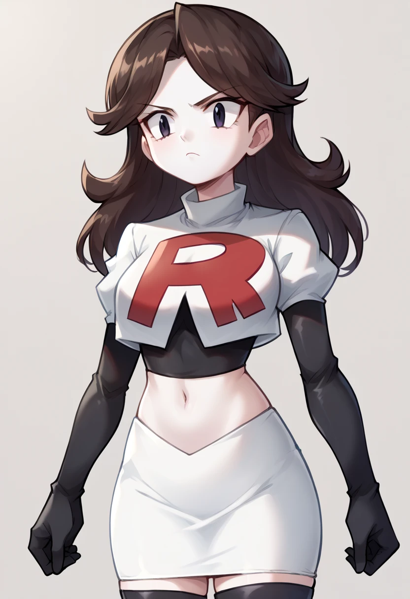 score_9,score_8_up,score_7_up BREAK jaidenSDXL,1girl,long hair,brown hair,black eyes,white skin,team rocket,team rocket uniform,white skirt,red letter R,crop top,black thigh-highs,black elbow gloves,cowboy shot,