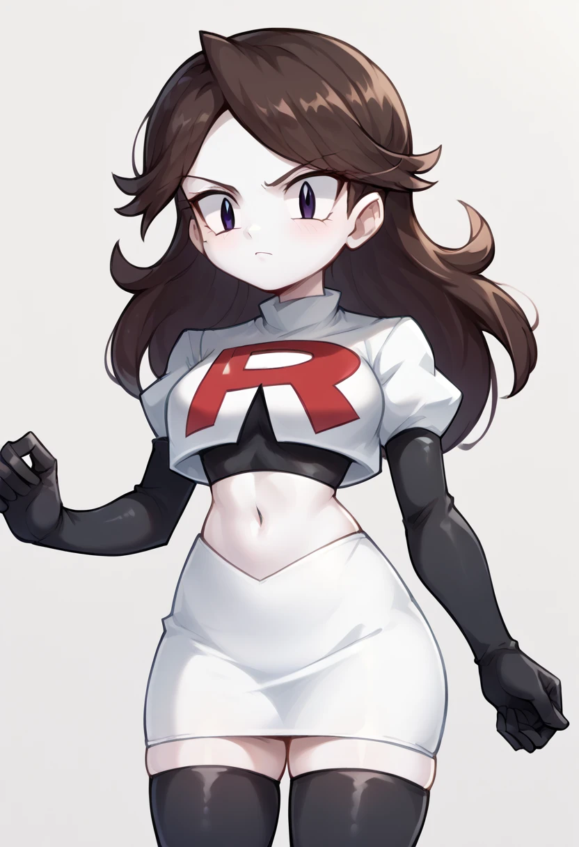 score_9,score_8_up,score_7_up BREAK jaidenSDXL,1girl,long hair,brown hair,black eyes,white skin,team rocket,team rocket uniform,white skirt,red letter R,crop top,black thigh-highs,black elbow gloves,cowboy shot,