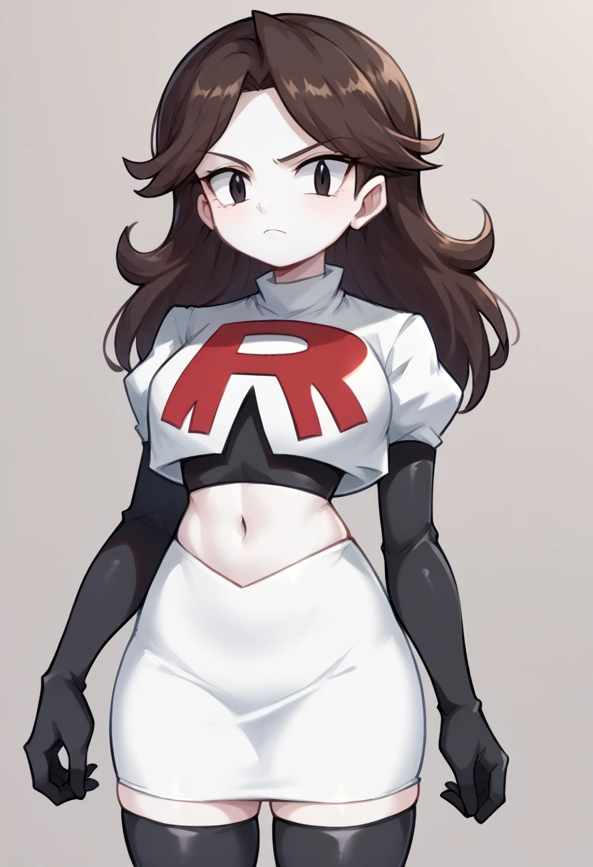 score_9,score_8_up,score_7_up BREAK jaidenSDXL,1girl,long hair,brown hair,black eyes,white skin,team rocket,team rocket uniform,white skirt,red letter R,crop top,black thigh-highs,black elbow gloves,cowboy shot,